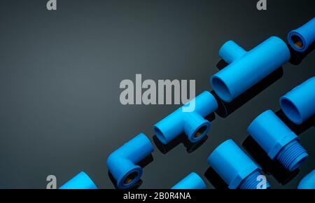 Set of blue PVC pipe fittings isolated on dark background. Blue plastic water pipe. PVC accessories for plumbing. Plumber equipment. Bend and three Stock Photo