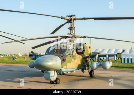 August 30, 2019. Zhukovsky, Russia. Russian reconnaissance and attack helicopter Kamov Ka-52 Alligator at the International Aviation and Space Salon M Stock Photo
