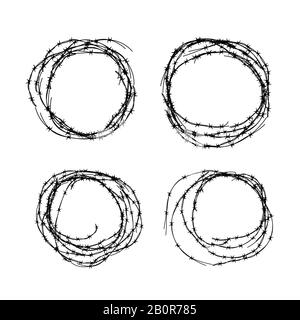 Set of different hanks of barbed wire, black silhouettes on white Stock Vector
