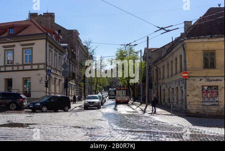 April 27, 2018 Vilnius, Lithuania. A trolleybus on one of the streets in Vilnius. Stock Photo