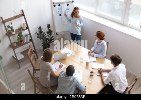 Confident businesswoman presenting project results on whiteboard, business coach, mentor talking about successful business strategy, marketing plan, e Stock Photo