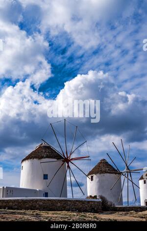 Scenic view of traditional greek windmills on Mykonos island, Cyclades, Greece Stock Photo