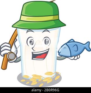 A Picture of happy Fishing oats milk design Stock Vector