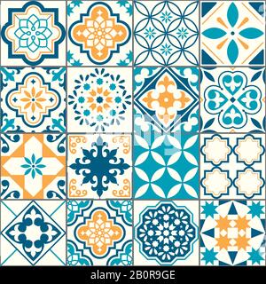 Portuguese or Spanish Azujelo vector seamless tiles design - Lisbon retro truquoise and yellow pattern, tile big collection Stock Vector