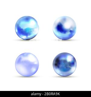 Set of blue glossy marble balls with glare on white Stock Vector