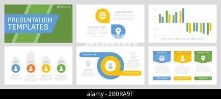 Set of blue, yellow and green elements for multipurpose presentation template slides with graphs and charts. Stock Vector