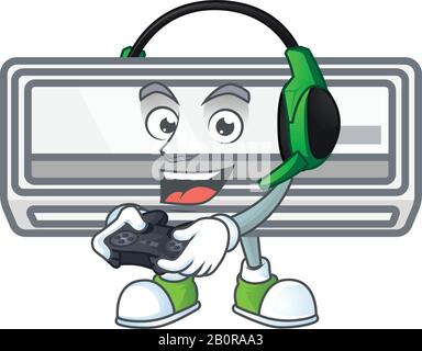 Air conditioner cartoon picture play a game with headphone and controller Stock Vector