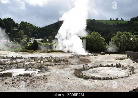 Furnas do Enxofre, geysers in Portugal Stock Photo