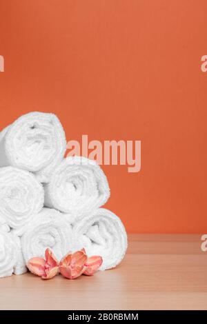 Clean soft towels on color background. creative photo. Stock Photo