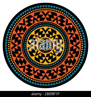 Tribal Aztec mandala vector pattern, bohemian geometric round design in black, blue, red and yellow, zen decoration Stock Vector