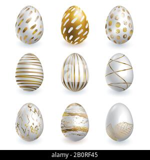 Gold and white Easter eggs on white background. Vector set for holiday Easter card Stock Vector
