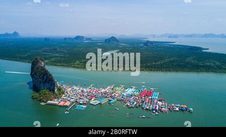 Aerial panorama view over Ko Panyi floating village in souther of Thailand. Ko Panyi is a fishing village Stock Photo