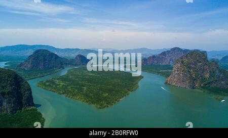 Aerial panorama view over Ko Panyi floating village in souther of Thailand. Ko Panyi is a fishing village Stock Photo