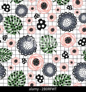 Abstract summer florals on geometric grid seamless vector pattern. Modern repeating background with exotic flowers and leaves. Abstract Monstera leaf Stock Vector