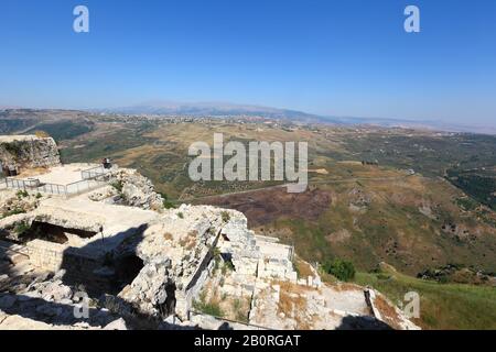 Lebanon: View from the remains of Beaufort crusader fort onto the Litani river valley and Mt Hermon. Stock Photo