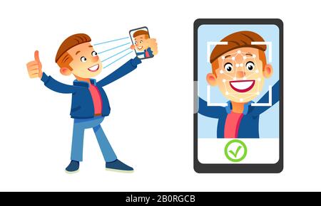 Facial recognition concept. Face ID, face recognition system. Man holding smartphone with human head and scanning app on screen. Modern application Stock Vector