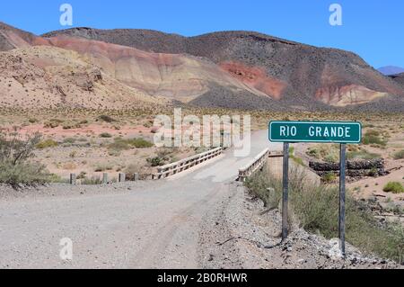 Bridge of the Ruta 40 over the Rio Grande, near Malarguee, Mendoza Province, Argentina Stock Photo