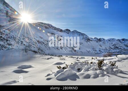 Five lakes valley in winter landscape of High Tatra Mountains, Poland
