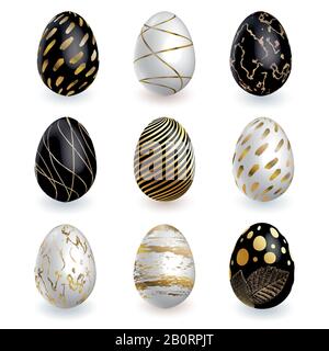 Black white gold Easter eggs on white background. Vector set for holiday Easter card Stock Vector