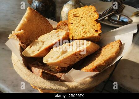 Basket of sliced baguette bread Stock Photo