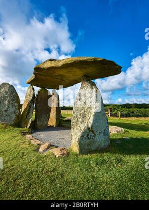 Pentre Ifan a Neolithic megalitic stone burial chamber dolmen built about 3500 BC in the parish of Nevern, Pembrokeshire, Wales. Stock Photo