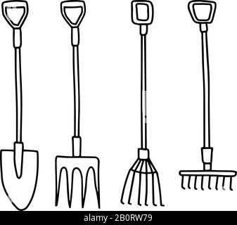 Set of tools for harvesting and planting. Shovel, rake, pitchfork in hand drawn doodle style isolated on white background.Vector outline illustration. Stock Vector