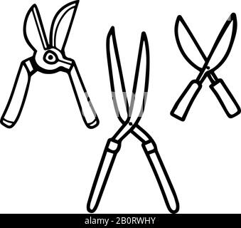 Set pruners in hand drawn doodle style isolated on white background. Vector outline stock illustration.Sign gardening element. Stock Vector