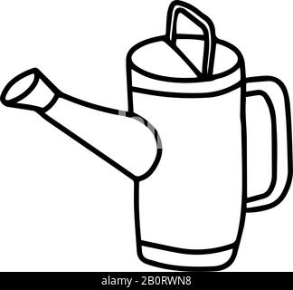 Watering can in hand drawn doodle style isolated on white background. Vector outline stock illustration. Stock Vector