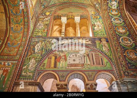 Mosaic depicting Abel making sacrifice. Byzantine Roman mosaics of the Basilica of San Vitale in Ravenna, Italy. Mosaic decoration paid for by Emperor Stock Photo