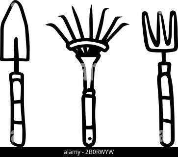 Set small tools for gardening shovel rake in hand drawn doodle style isolated on white background. Vector outline stock illustration. Sign Stock Vector