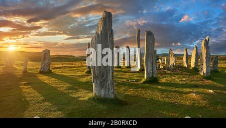 Calanais Standing Stones  central stone circle erected between 2900-2600BC measuring 11 metres wide. At the centre of the ring stands a huge monolith Stock Photo