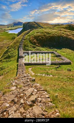 A milecastle fort on Hadrians Wall near Houseteads Roman Fort, Vercovicium, A UNESCO World Heritage Site, Northumberland, England, UK Stock Photo