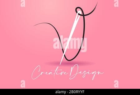 V Letter Logo with Needle and Thread Creative Design Concept Vector Illustration. Stock Vector