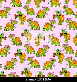 Cute kids seamless pattern with underwater lovers turtles.Vector cartoon illustration.Design textile.Repeated texture with sea cartoon characters. Stock Vector