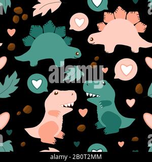 Hand drawn seamless pattern with lovers dinosaurs. Cute animals. Perfect for kids fabric,textile,nursery wallpaper,wrapping paper,print. Stock Vector