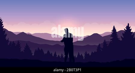 couple enjoy the mountain landscape view at sunrise vector illustration EPS10 Stock Vector