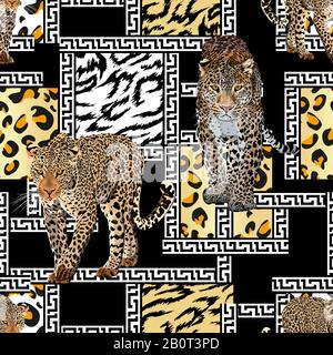 Leopard seamless pattern with black white borders. Animal skin texture. Walking cheetah. - illustration Stock Photo