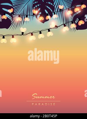 tropical summer paradise background with fairy light and palm leaves vector illustration EPS10 Stock Vector