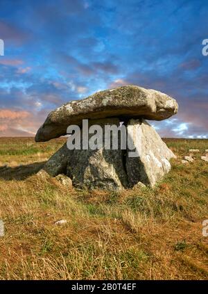 Chun or Chûn, Quoit is a megalithic burial dolmen from the Neolithic period, circa 2400 BC, near Morvah on the Chun Nature Reserve, Penwith peninsula,