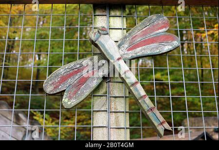 A wooden dragonfly on a fence in a park Stock Photo