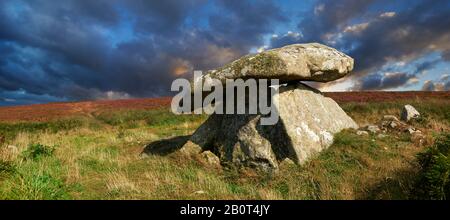 Chun or Chûn, Quoit is a megalithic burial dolmen from the Neolithic period, circa 2400 BC, near Morvah on the Chun Nature Reserve, Penwith peninsula,