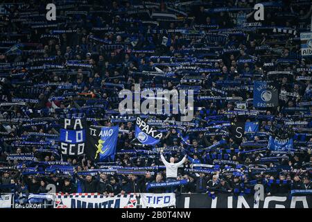 Supporters of Atalanta celebrate the victory during the UEFA Champions League Round of 16 match between Atalanta and Valencia at Stadio San Siro, Milan, Italy on 19 February 2020. Photo by Giuseppe Maffia. Stock Photo