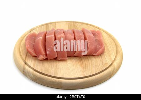 Turkey escalope on wooden plate against white background Stock Photo