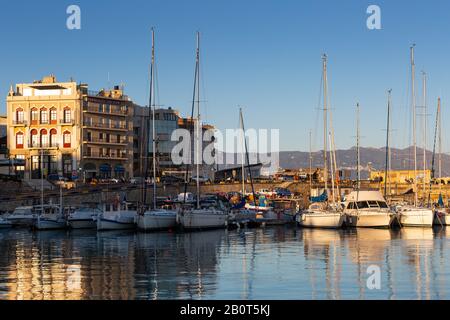 Heraklion, Greece - January 11, 2020: Marina in the old harbour of Heraklion in Crete, Greece. Stock Photo