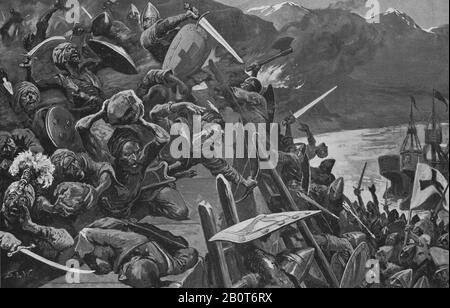 An illustration circa 1914 depicting Crusaders attacking the city of Nicaea modern day Iznik in May 1097.   The Siege of Nicaea took place from May 14 to June 19 1097 during the First Crusade with the assistance of Alexius the first against the forces of Kilij Arslan Sultan of Rum Stock Photo