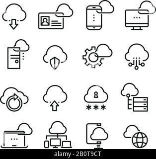 Computer cloud technology, data security, access perfection vector thin line icons. Cloud data on laptop, illustration of virtual data cloud Stock Vector