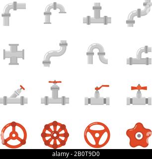 Pipe connector, water pipe fitting flat vector icons for plumbing and piping work. Set of tube construction with valve, illustration of steel tube Stock Vector