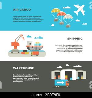 Delivery cargo transportation and logistics service vector advertising banners. Warehouse with container and shipping, illustration air and sea shipping Stock Vector