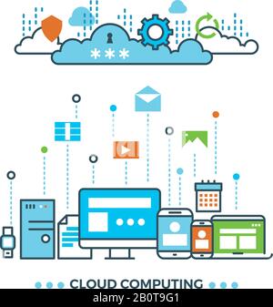 Digital cloud computing, computer data storage vector business concept. Cloud network sync, illustration of acces to cloud Stock Vector