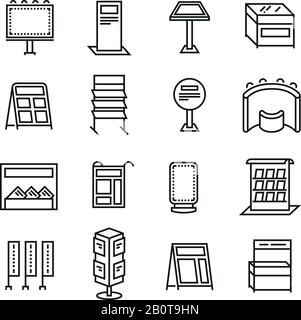 Exhibition banner stands, promo display line vector icons. Set of presentation board panel for advertising. illustration of billboard panel Stock Vector